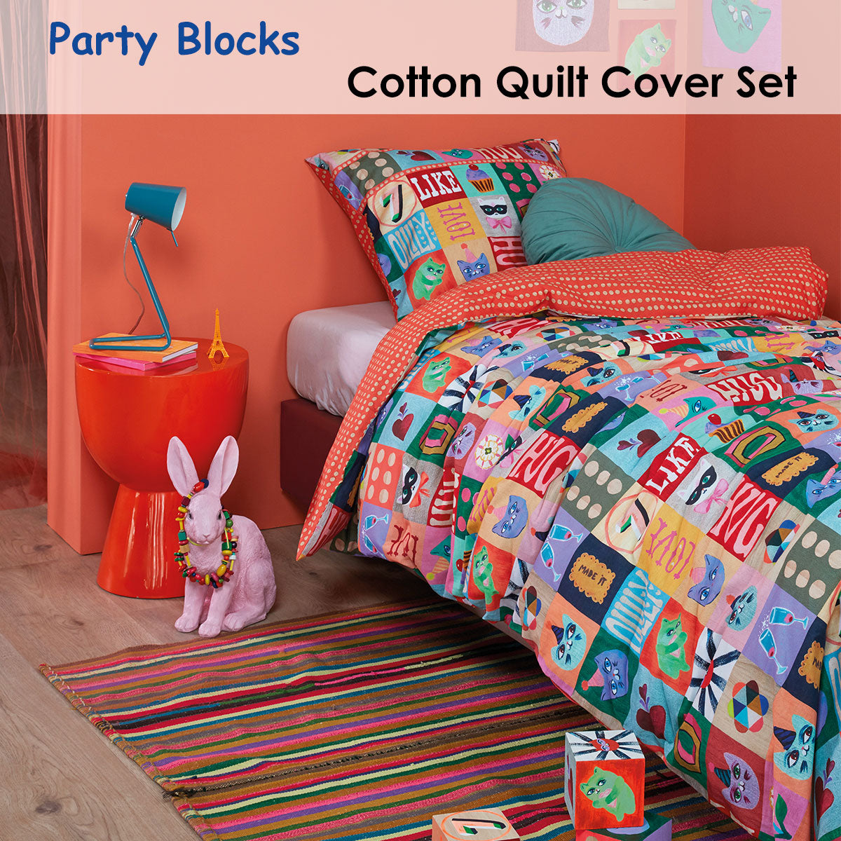 Party Blocks Cotton Quilt Cover Set Single